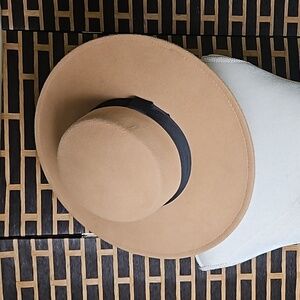 Felt Hat Wide Brim by CoG Tan with Black Ribbon VGUC